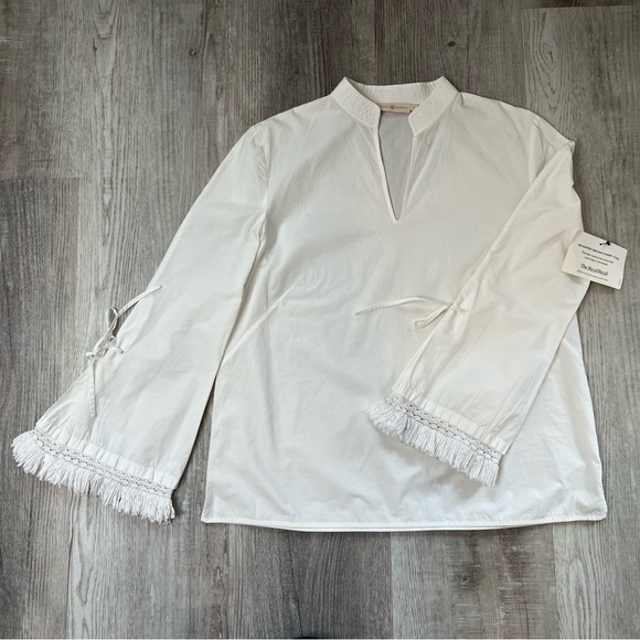 Tory Burch Sophie Fringe-Trim Bell Sleeve Top White Size 6 Designer Cloud Dancer - Picture 2 of 15